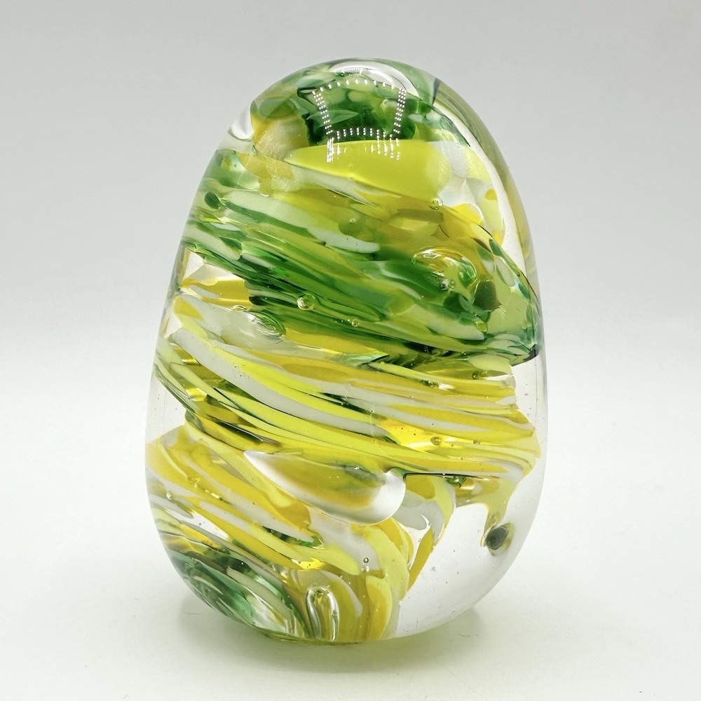 Handblown Art Glass Paperweight Egg Yellow Green Swirl Boise ID USA